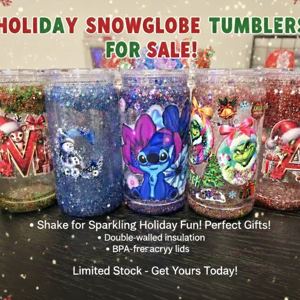 Colorful Holiday Snowglobe Tumblers. Acrylic Cups